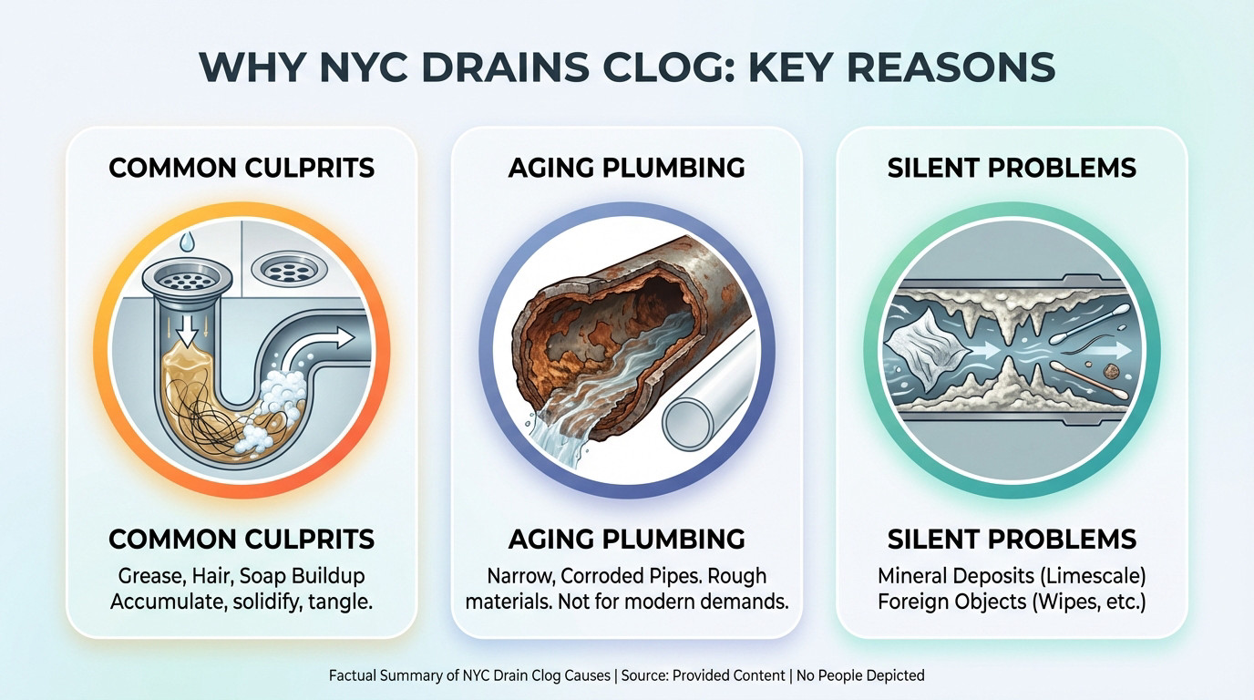 Illustration of common causes for clogged drains in New York City including grease and aging pipes